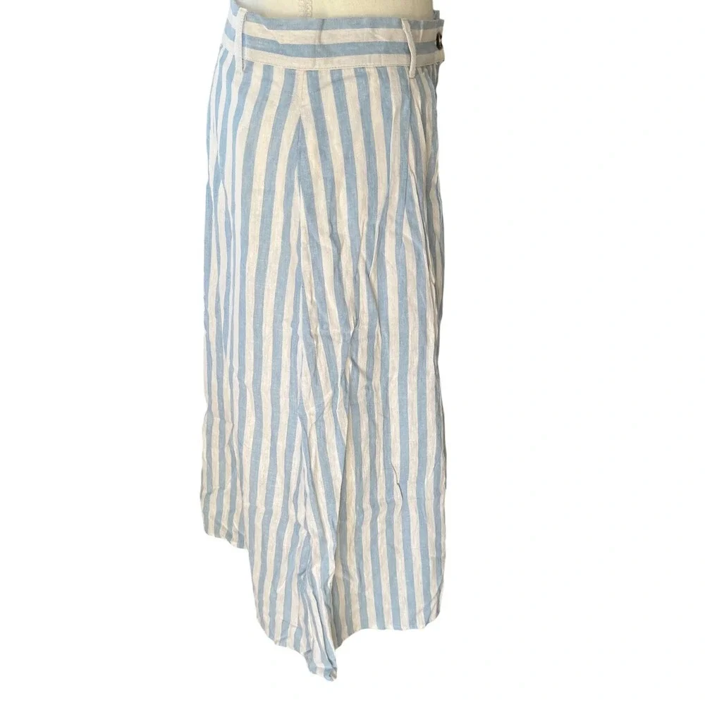 Everly Blue White Striped Linen Blend Button Front Midi Skirt Womens Large‎